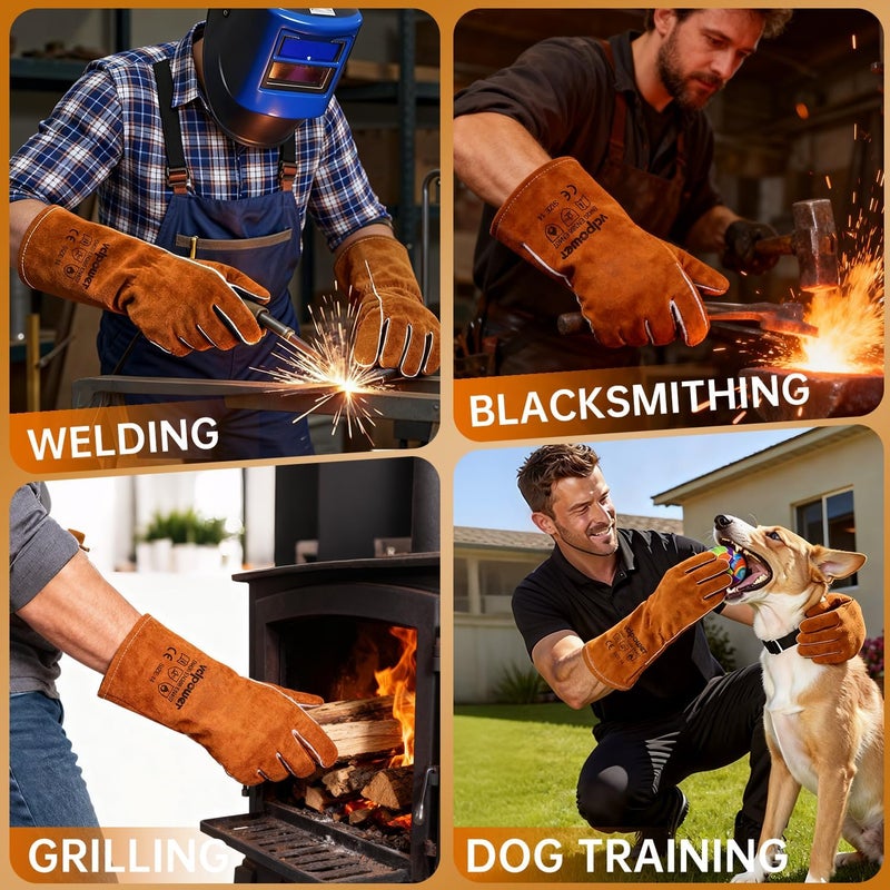 vclpower Welding Gloves Fire Heat Resistant 14IN Fireproof Leather for Welding Fire Pit Wood Stove Campfire Furnace BBQ Baking,Grill Oven Stick Mig Tig Gear Gift for Man L - Image 4